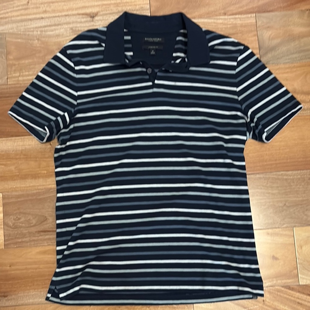 Banana Republic Navy Blue with Blue, Gray, and White Striped Polo Shirt